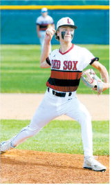Luke Gilseth gets a base hit against the Patriots. Photo by Larry Stokke Grady Pankratz delivers a pitch for the Langdon Area/Munich Cardinals during a game against Mayville on June 8 in Mayville. Photo by Larry Stokke