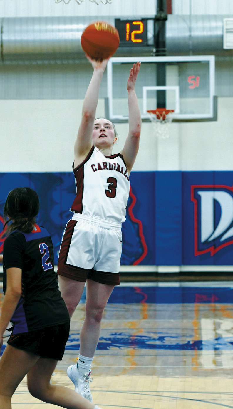 Meredith Romfo drains a long basket to finish with 9 points. Photo by Larry Stokke.