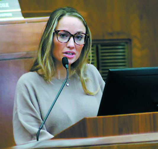 State Rep. Emily O’Brien, R-Grand Forks, speaks during a meeting of the Legislative Management Committee from the House Floor on Nov. 13, 2024. (Michael Achterling/North Dakota Monitor)