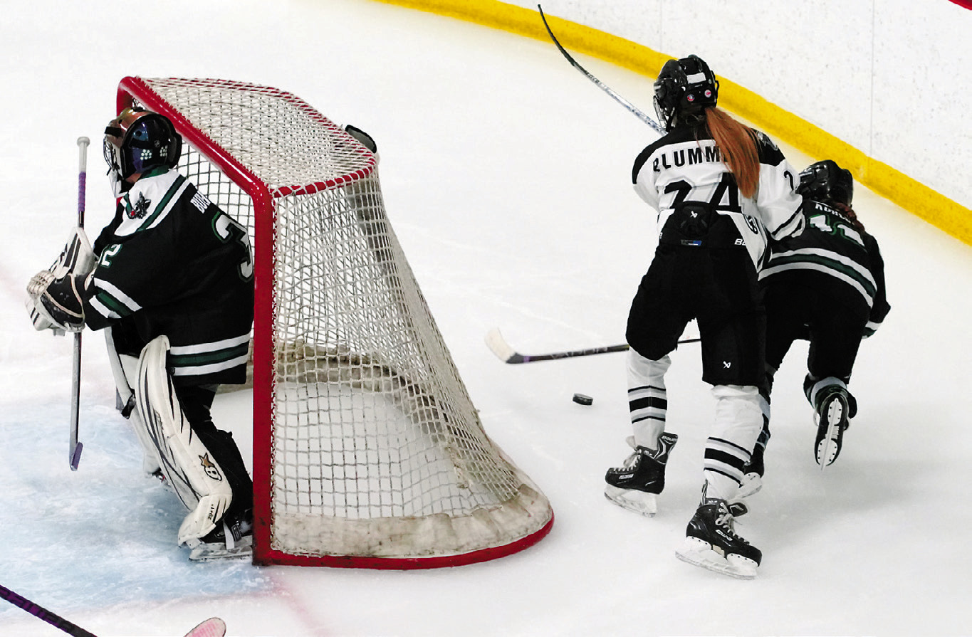 Averie Plummer sends a Prowl player out of the way and gains control of the puck and passes it to a teammate. Photo by Larry Stokke.