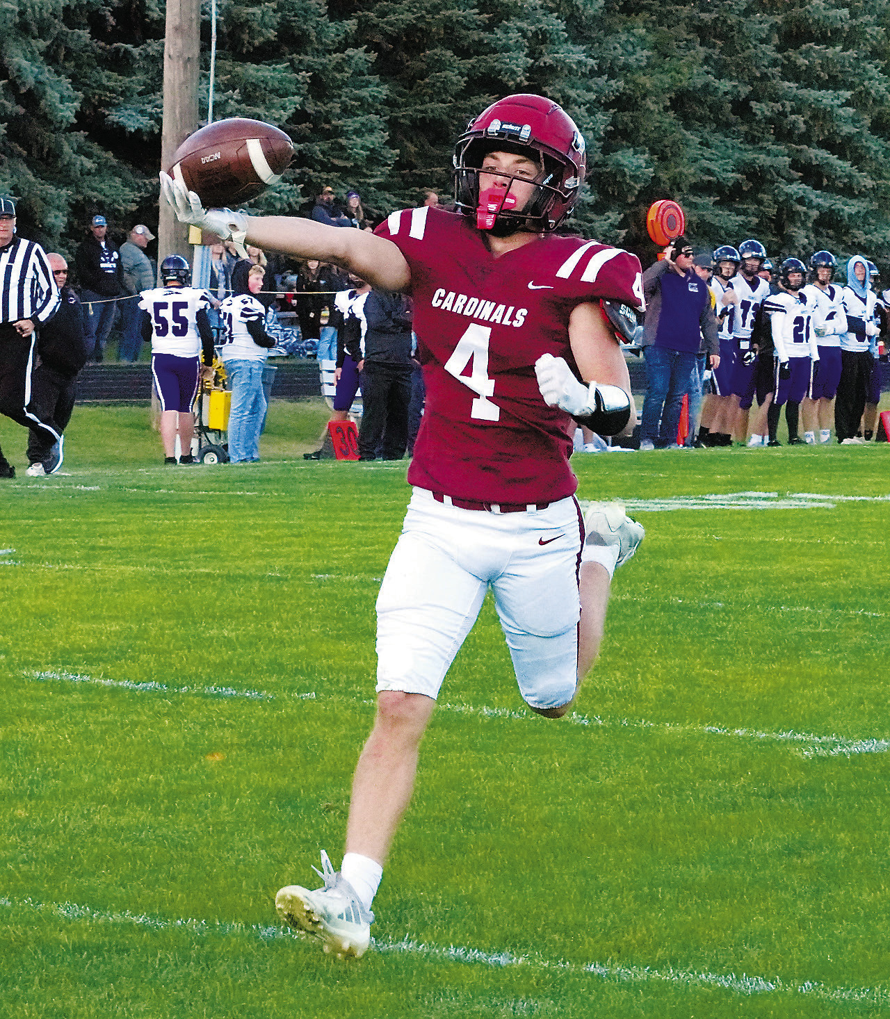 Player of the Game Sam Davis runs in a touchdown against the Hornets. Photo by Larry Stokke.