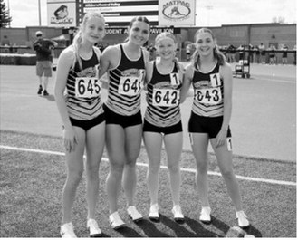 The same four runners — Maci Puppe, Delaney Denault, Emersen Helgoe and Shirley Kemp — represented Pembina County North in both relay events at the NDHSAA Class B State Track and Field Meet. The quartet placed fifth in the 4x800-meter relay with a time of 10:04.60 and finished 23rd in the 4x400-meter relay in 4:19.70. Photo by Larry Stokke