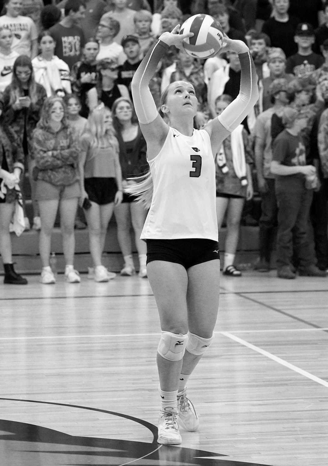 Payton Hall had a great game with 37 assists, 12 digs, and 2 aces in the Cards sweep of the Cougars. Photo by Larry Stokke.