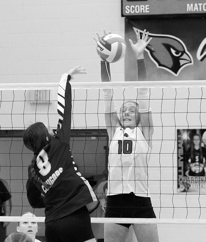 Aubrey Badding finished the game with 13 kills and 3 blocks. Photo by Larry Stokke.