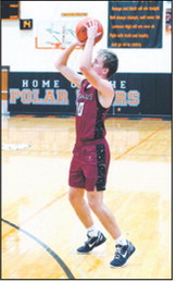 Maddux Stremick was on fire from the threepoint line and drained 4 baskets in the Cards win over Larimore. Photo by Larry Stokke.