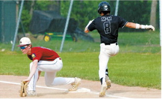 Tyson Gemmill records an out at first base during Langdon's doubleheader sweep of Midway-Minto on July 14 in Langdon. Photo by Larry Stokke