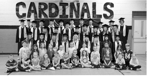 Members of the Langdon Area High School Class of 2026 pose for a photo with the future graduating Class of 2037 kindergarten students during a special full-circle moment celebrating past memories and future milestones. Photo by Larry Stokke