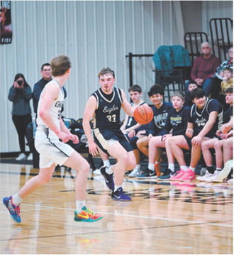Kade Schafer dribbles the ball up the court at the Lakota Community Center. Photo by Ashley Schafer