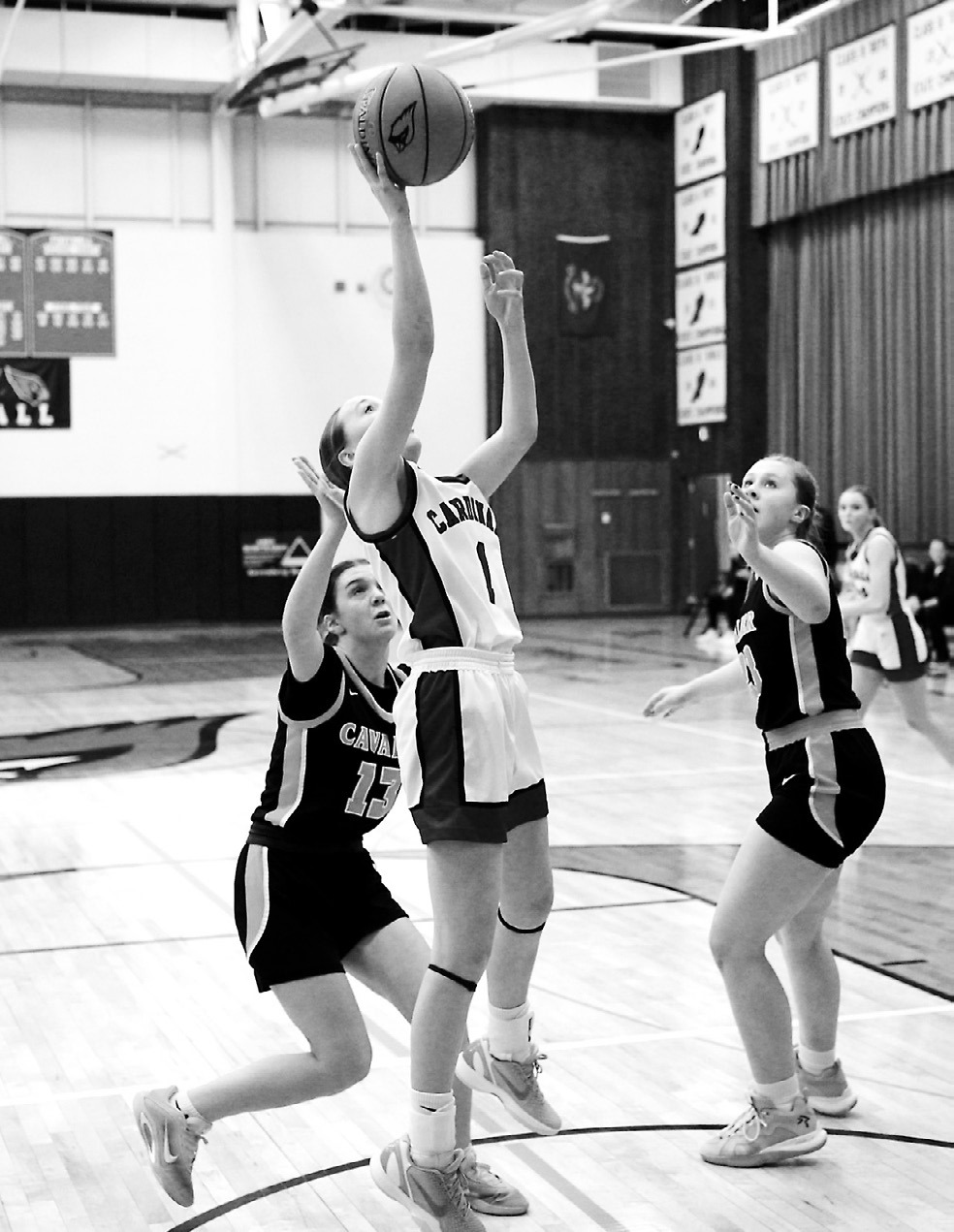 Ary Schaefer lays in a basket to add to her 18-point night in the Cardinals' win over Cavalier. Photo by Larry Stokke.