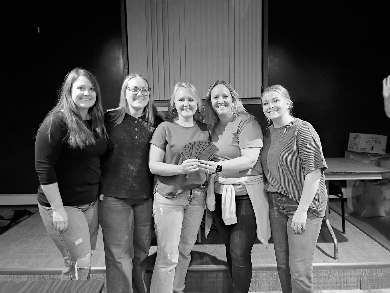 From (L-R) Brandi Mittleider, Kinzley Haslakaas, Rachelle Fetsch 'winner of $300 in Langdon Bucks,' Jessica Pengilly, and Halle Johnsrud at the Eagles in Langdon.