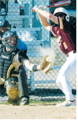 Jerik Johnson was a wall behind the plate during the game against Grafton on May 8 in Pembina. Photo by Larry Stokke