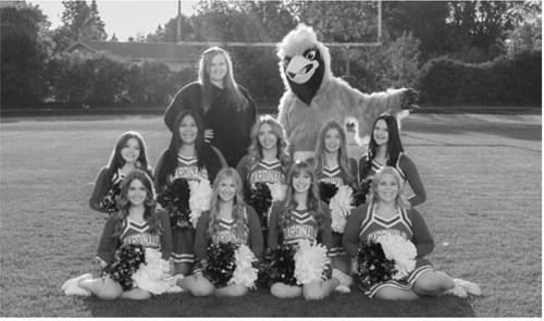 Members of the Langdon Area Cardinals cheer team are, front row, from left, seniors Ruby Davis, Maci Hoffarth, Daisy Kuhn and Claire Mehlhoff; second row, Destiny Aguilar, Gracie Gomez, Bella Haar, Nora van Heerden and Eliot Olson; and back row, coach Sierra Ferdon and mascot Jonathan Mack. Photo submitted by Sierra Ferdon, taken by Kacy Kakela.