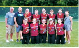 Langdon's 18U girls softball team celebrates its second-place finish at the league tournament July 14 in Minto. Photo by Larry Stokke