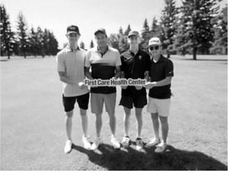 First place: Members of the Park River Dental team, from left, Noah Troftgruben, Schalk Maree, Toren Beneda and Connor Bernhoft, captured first place at the 2026 First Care Health Center Benefit Golf Tournament in memory of Dan Young on July 10 at Hillcrest Golf Course in Park River. Submitted photo