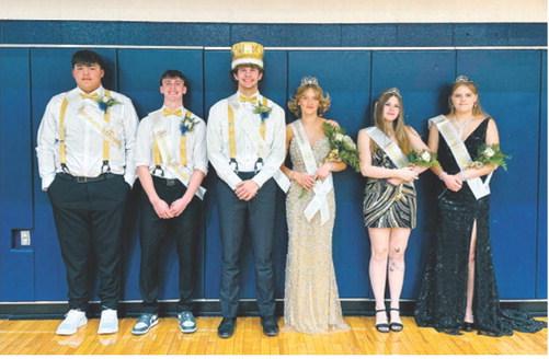 North Border’s 2026 Homecoming Court was crowned Monday, Oct. 5, in Walhalla. Pictured, from left, are Cameron Saldana, Kaden Moore, Homecoming King Bryce Carignan, Homecoming Queen Dannika Bennett, Isabelle O’Donnell and Faith Ratajczak. Photo courtesy of North Border Schools