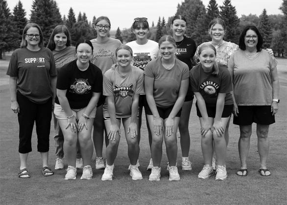 Back row from left: Coach Jenny Romfo, Josie Mikkelsen, Nadia Lewis, Lily Zimmer, Macie Gage, Stella Busse and Coach Connie Kjos. Front row from left: Kynlee Pengilly, Harper Jacobson, Colby Forest and Finley Crockett. Not pictured are Aria Olson, Victoria Mathews and Matilda Lawson. Photo by Larry Stokke