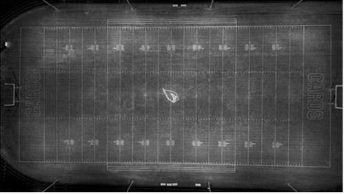 A drone photo captures the Langdon Area-Munich Cardinals logo painted at midfield for the homecoming football game Friday, Oct. 9. The impressive design was created by Terner Askvig, an eighth grader at Langdon Middle School, using robotic painting technology. Terner is the son of Ethen and Jayla Askvig and grandson of Ray and Wanda Howatt. Drone photo by Terner Askvig