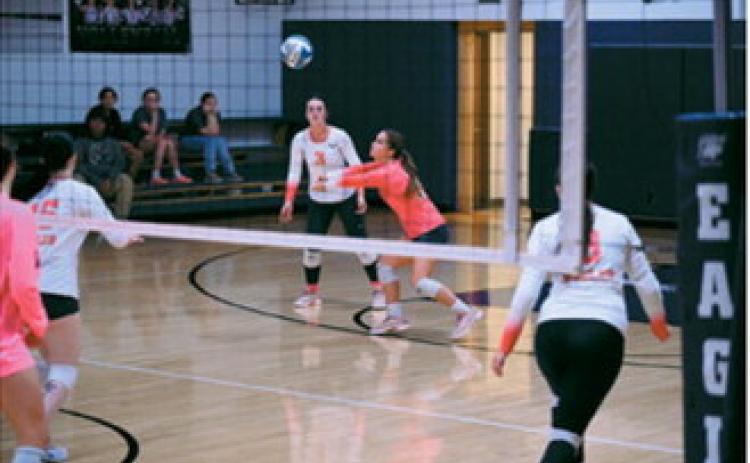 North Border's Adrienne Longtin (9) returns the ball during the Eagles' volleyball match against Drayton/Valley-Edinburg on Thursday, Oct. 15, in Pembina