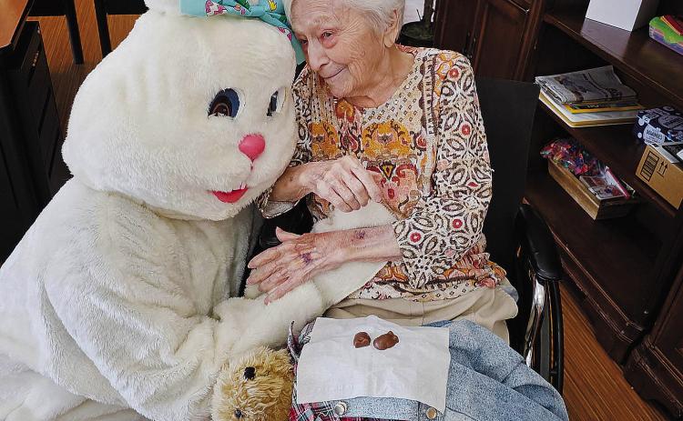 The Easter Bunny made his annual stop at Maple Manor Care Center in Langdon. Not only did he bring chocolate treats for residents and staff, he also delivered hugs and love to everyone. Pictured is the Easter Bunny with Dorine. For more photos of the Easter fun, see the Maple Manor Care Center Facebook page.
