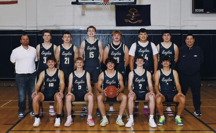 Front row (L-R) Colton Bailly, Kolter Kakela, Grant Cosley, Kaden Moore, Weston Cosley; back row: Coach Tim Moore, Preston Emerson, Brody Berg, Garret Willits, Kade Schafer, Cameron Saldana, Chase Mensch, and Coach Sandy Laxdal.