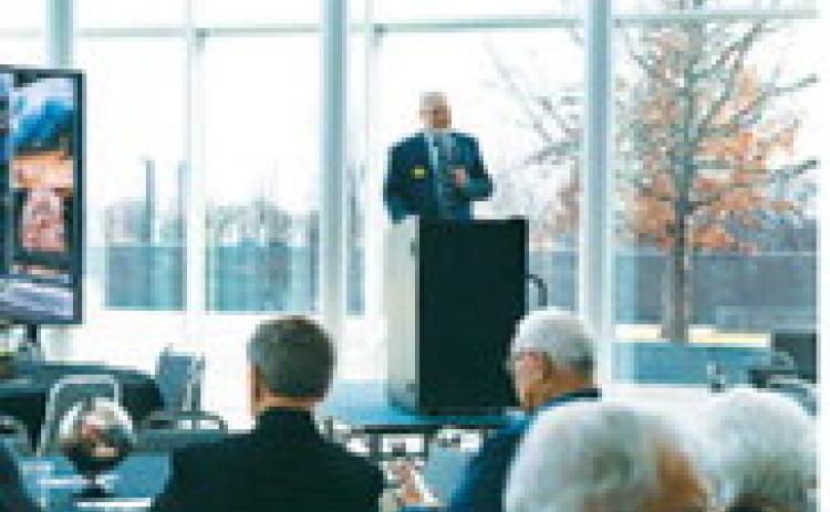 Dale Lennon, director of the State Historical Society of North Dakota Foundation, speaks to North Dakota legislators during a military gallery legislative reception in April 2025 at the North Dakota Heritage Center &amp; State Museum in Bismarck, North Dakota.