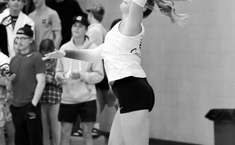 Raeleigh Ratzlaff serves an ace against the Eagles in Langdon on Sept. 18. Photo by Larry Stokke.