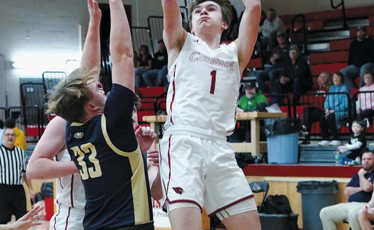 Eastyn Schaefer takes a leap and sinks a bucket at the Cards' faceoff against the Eagles. Photo by Larry Stokke.