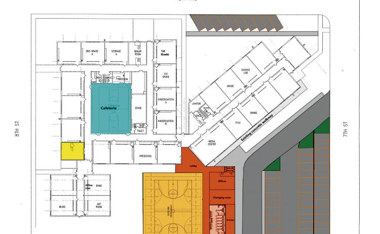 This blueprint shows renovations and additions, particularly the new gym, safe and secure drop off loop, and additional parking at the elementary school which will be included in the referendum during the June 10 elections.