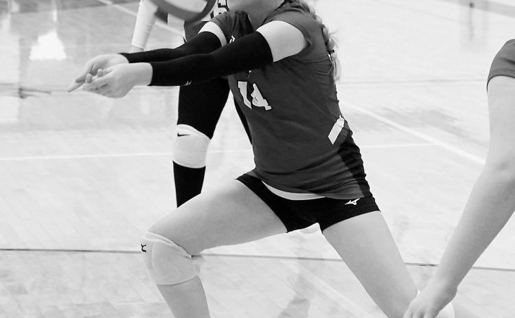 Charlotte Haaven digs the ball at the tournament in Park River on May 3. Photo by Larry Stokke.