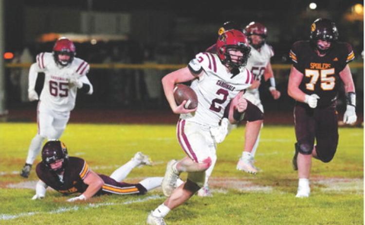 FM Bank Player of the Game Eastyn Schaefer rushes for 170 yards and throws for 221 yards, accounting for three touchdowns with no interceptions in the Cardinals’ win over the Grafton Spoilers. Photo by Larry Stokke