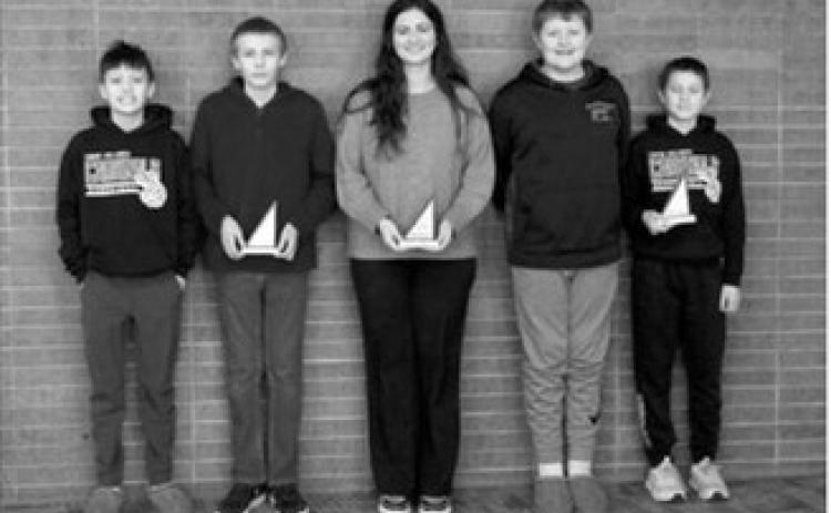 Munich’s 1st place team in the Math Counts Competition L-R: Leo Zimmer, Aaron Miles, Coach Kaitlyn Amble, Bryce Martin and Clay Pankratz. Photo by Larry Stokke