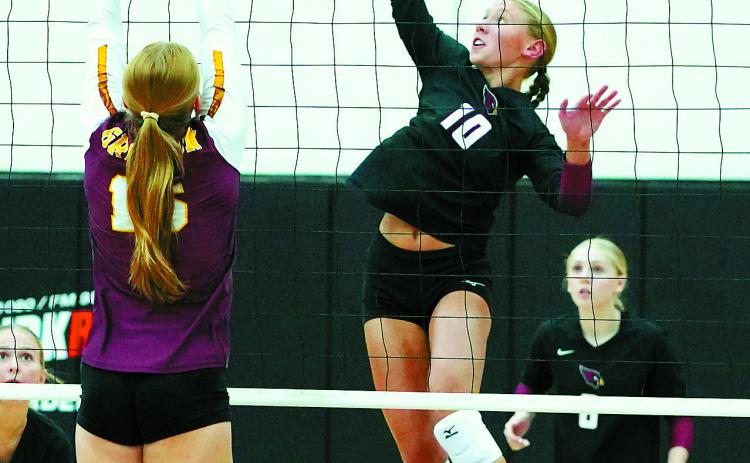 Aubrey Badding was Player of the Game in the Cards' win over Grafton. Aubrey finished the game with 15 kills, 12 digs and two blocks. Photo by Larry Stokke.