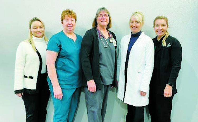 Healthcare workers from left to right: Catherine Taylor, Sheila Beauchamp, Nancy Boe, Liz Sillers, and Megan Overby.