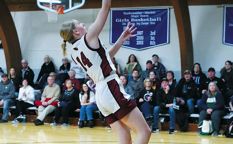 Hilary Haaven lays in a right hand layup against the Benson County Wildcats in Munich on Jan. 3. Photo by Larry Stokke.
