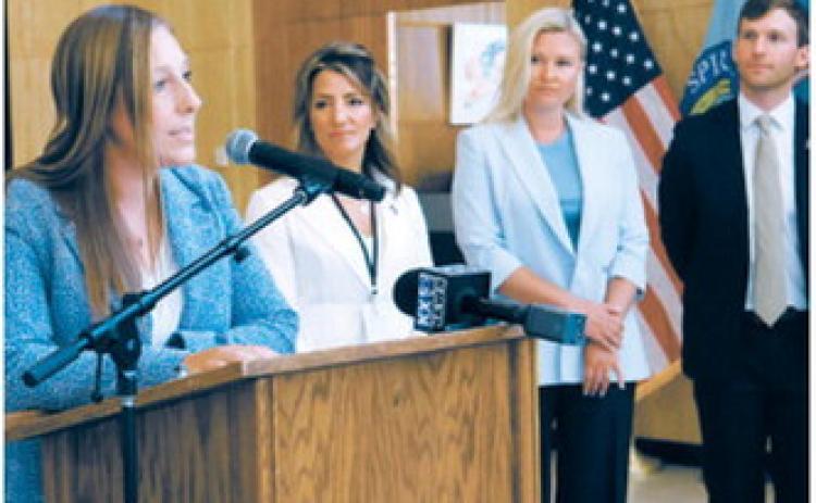 Sen. Michelle Axtman, R-Bismarck, speaks during a press conference May 28, 2026, launching a statewide survey on student technology use. Also pictured are, from left, Lt. Gov. Michelle Strinden, first lady Kjersti Armstrong and Superintendent of Public Instruction Levi Bachmeier. (Photo by Michael Achterling/North Dakota Monitor)