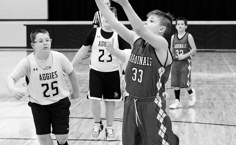 Xander Salazar puts up a shot in Park River in the Cards game against the Aggies on Nov. 6. Photo by Larry Stokke.