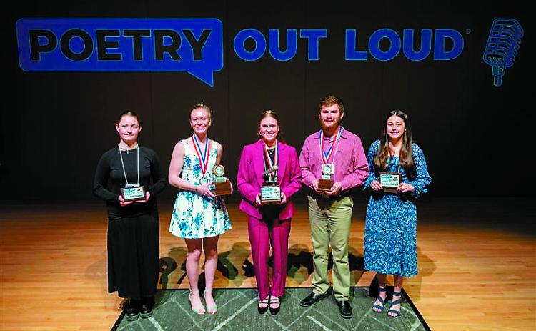 POL 2025 finalists from left to right: 4th-DeLainis Kroh, Mandan H.S.; 2nd-Joanie McCormack, Wilton Public School; 1st-Leah Hochhalter, Valley City H.S.; 3rd-Sawyer Wilhelmi, Starkweather School; 5th-Aspen Geist, Wyndmere Public School.