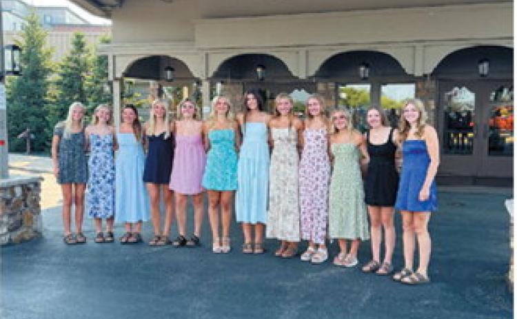 The Cardinals volleyball team gathers outside Chanhassen Dinner Theatre on July 16. The outing kicked off the team’s trip to Minneapolis for the University of Minnesota Team Camp. Submitted photo