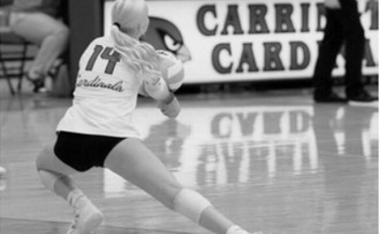 Mya Swanson dives to make a save during the Sept. 10 match against Carrington. Photo by Larry Stokke