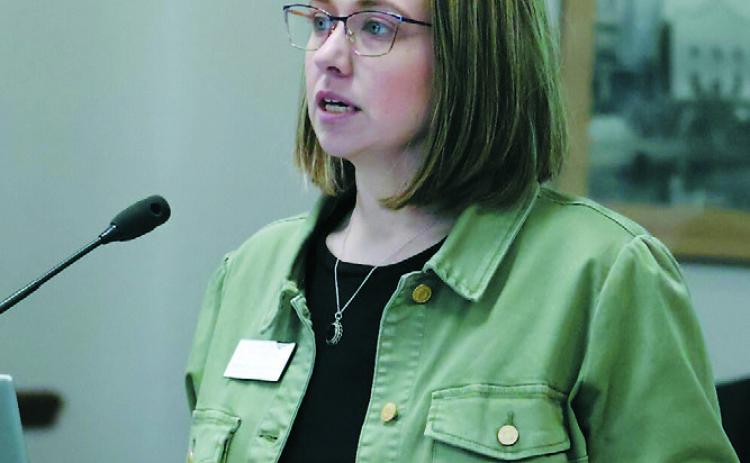 North Dakota League of Cities Deputy Director and Attorney Stephanie Dassinger-Engebretson talks about how the new 3% cap on annual property tax increases is impacting North Dakota communities during a March 17, 2026, legislative committee meeting in Bismarck. (Photo by Mary Steurer/North Dakota Monitor)