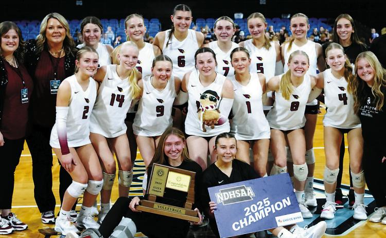 The Cardinals 2025 champions of the Class B State Volleyball Tournament. Photo by Larry Stokke.