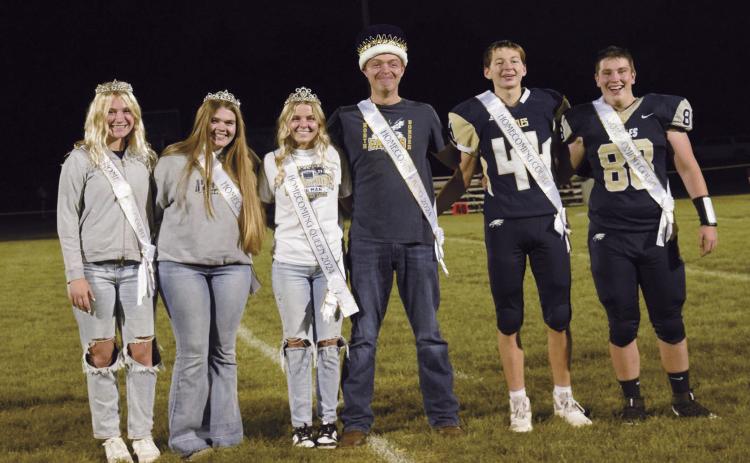 (L-R) Katie Bjornstad, Cora Carignan, Caylee Berg (Homecoming Queen), Chase Rauser (Homecoming King), Zaiden Kintyhtt, and David O’Connor. Photo by Ashely Schafer.