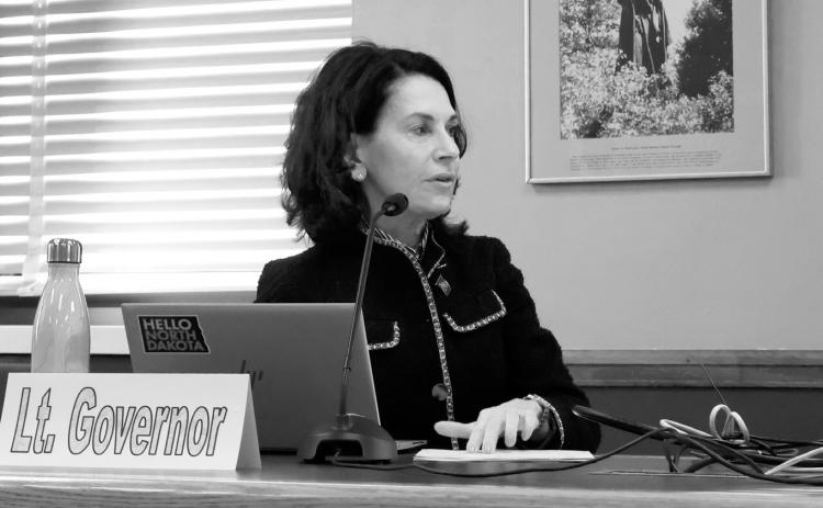 North Dakota Lt. Gov. Tammy Miller, chair of the Capitol Grounds Planning Commission, speaks during a commission meeting in Bismarck on Feb. 22, 2024. (Michael Achterling/North Dakota Monitor)