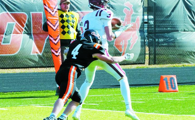 Cody Amble makes a catch close to the goal line, setting up a TD for Jayden Lee. Photo by Larry Stokke.