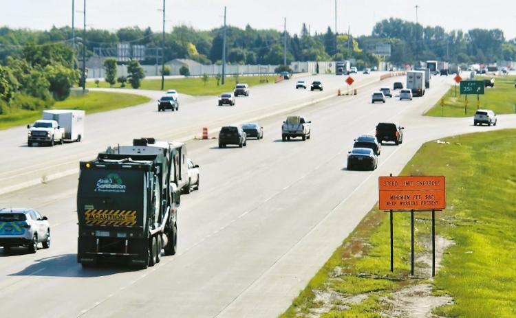 Drivers in Fargo, North Dakota, on July 28, 2025, are warned about an $80 fine for speeding in a construction zone. Minimum fines for speeding in a construction zone increase to $150 on Aug. 1, 2025. Other speeding fines will increase, too. (Jeff Beach/North Dakota Monitor)