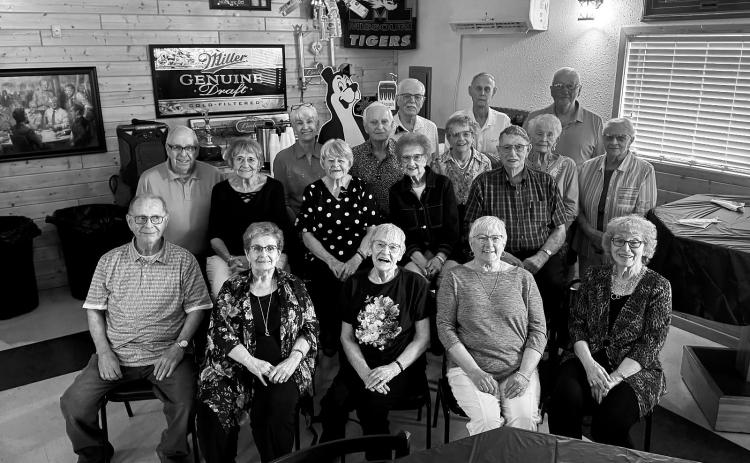 Front row, sitting (L-R) Alan Westphal, Gloria (Ritter) Romfo , Retta(Westphal) Klemisch,Dorothy (Westphal) Bassingthwaite, Carol (Ames) Kinnischtzke; second row: Leroy Musolf, Susan (MacArthur) Westphal, Clara Lou (MacArthur) Seaver, Janet (Miklethun) MacArthur, Dennis Morris; third row: Nancy (Biby) Holt, Gary Paulson, Mary (Westphal) Feldner, Barbara (Brown) Peterson, Barbara (Kroeplin) Springsted; back row: Stewart MacArthur, Dale Brown, and Wayne Westphal.