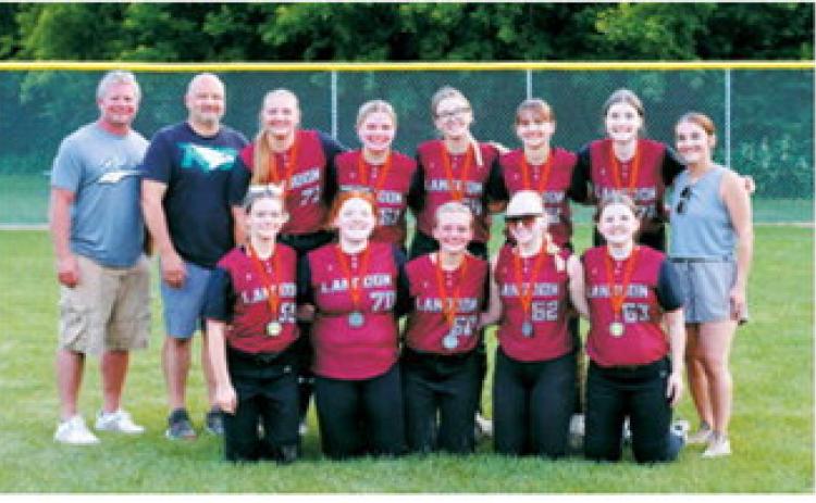 Langdon's 18U girls softball team celebrates its second-place finish at the league tournament July 14 in Minto. Photo by Larry Stokke