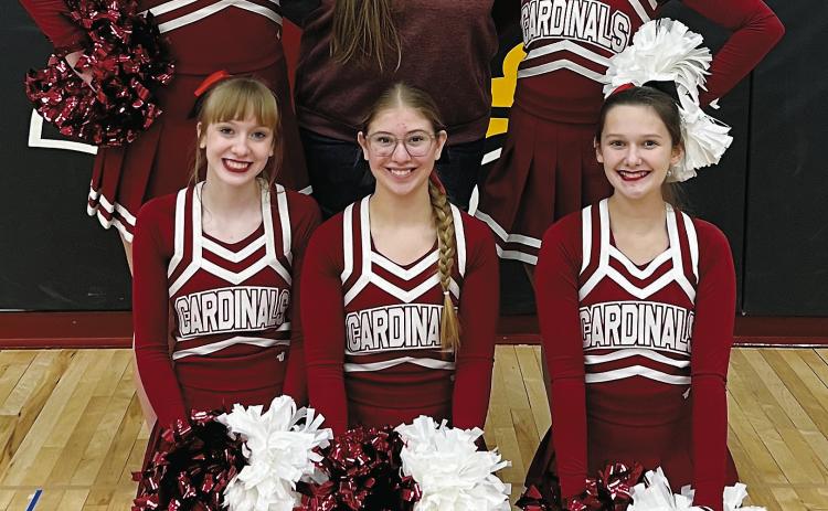 The Cardinals Cheer Team 2024-25. Back row (L-R) Izzy Vikan, Coach Sierra Ferdon, Ruby Davis; front row, Daisy Kuhn, Maci Hoffarth, and Eliot Olson. Submitted photo.