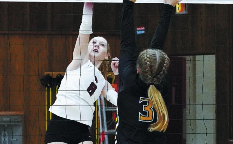 Hilary Haaven with one of her 19 kills to go with her 22 digs in the win over Park River. Photo by Larry Stokke.