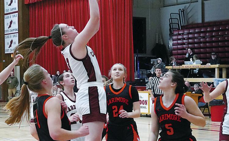 Meredith Romfo was Player of the Game with a high of 22 points in the Cards home opening game against Larimore. Photo by Larry Stokke.